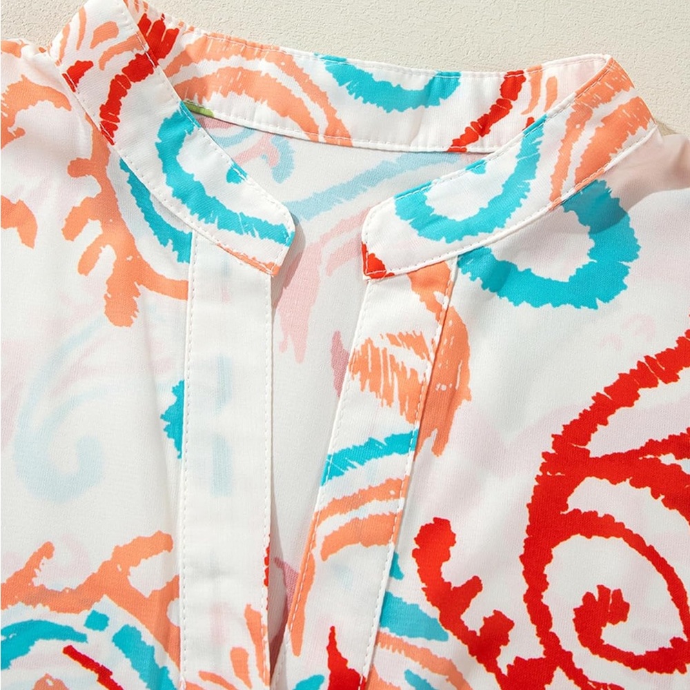 SELINK Long Sleeve Dresses Casual V Neck Tribal Print Button Flowy Mini Dress - Picture 7 of 9